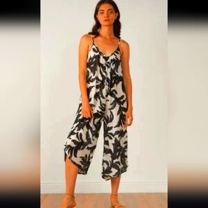 Elan Spaghetti Strap Wide Leg Jumper - Cream Black Mono Leaf